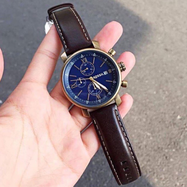 (ผ่อน0%) นาฬิกาผู้ชาย สายหนังสีน้ำตาล Fossil Mens Rhett Vintage Edition Navy Blue Chronograph Beige Tone Watch BQ2099