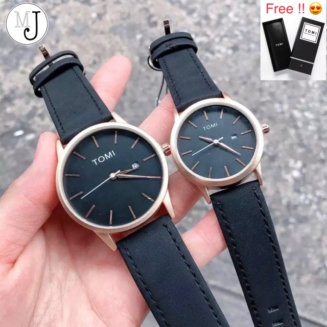 ( ได้2 เรือน ตามรูป ) TOMI WATCH ของแท้ 100% นาฬิกาคู่สายหนัง Sale !!! (Black Gold Color)