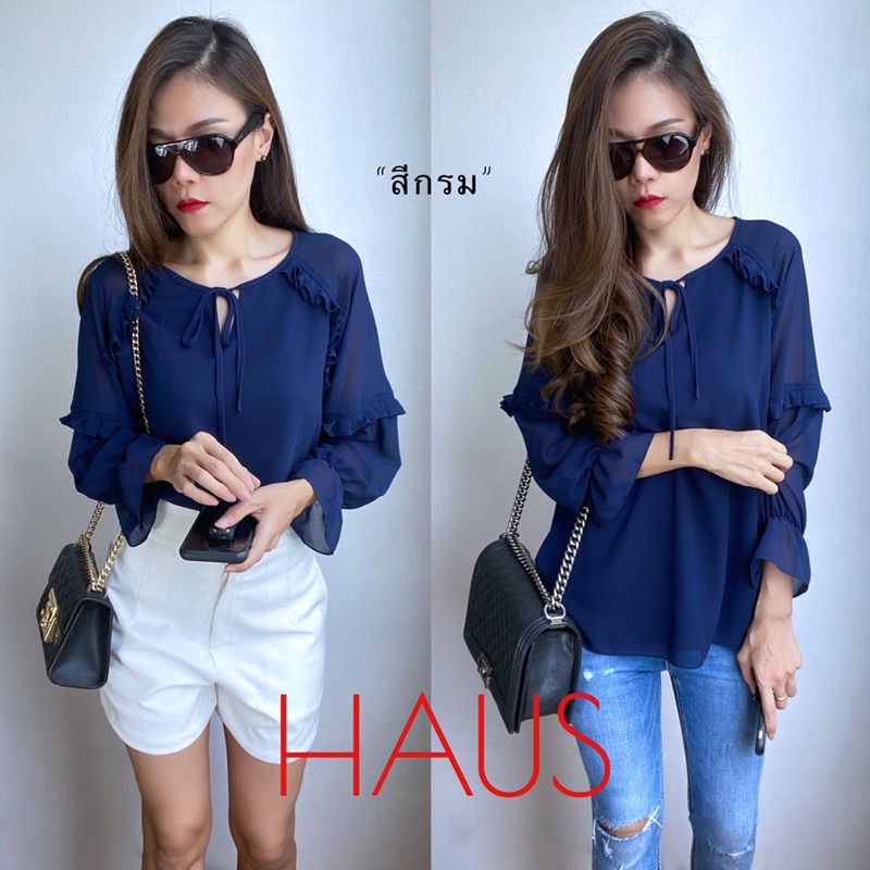 เสื้อชีฟองแขนยาวแต่งระบายแขน มีซับในเต็มตัวหน้าหลัง หน้าผ้า 44” (อก 34”-44”ใส่ได้) นางแบบอก34” - รูปที่ 2