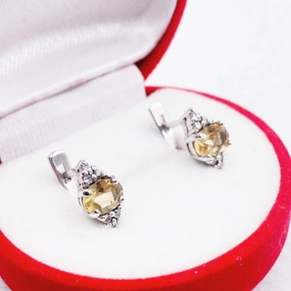 N6424 ต่างหูพลอยซิทรีนแท้ ( Citrine ) แบบอิงลิชล็อค ตัวเรือนเงินแท้ 925 ชุบทองคำขาว