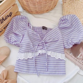 👒เสื้อคร๊อปลายสก๊อต แขนตุ๊กตา น่ารักๆ อก 34 เสื้อยาว 15 ผ้าใส่สบายไม่ร้อน