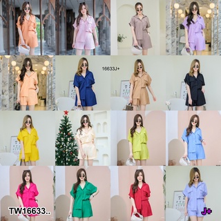 Set #สาวอวบ 2 ชิ้น เสื้อเชิ้ตไหล่ล้ำ คอปก + กางเกงขาสั้น.. TW16633