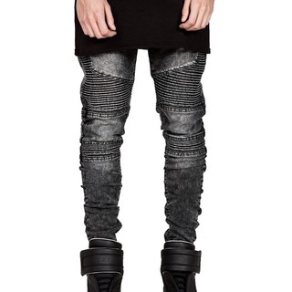 Mens Skinny Biker Jeans เดอร์รี่ Rider รถจักรยานยนต์รันเวย์กางเกงยีนส์บาง Joggers(สีเทา)