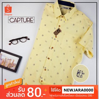 เสื้อเชิ้ตแขนสั้น คอปก ผ้า Oxford ลายแมวเหมียว สีเหลือง มีถึง 4XL