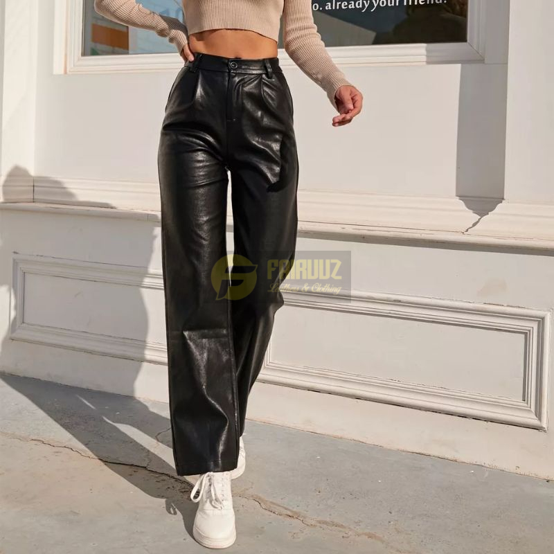 Fairuuz Leathers Long Pants PU Leather Loose Straight Leather Long Pants Chic Style High Straight Sy