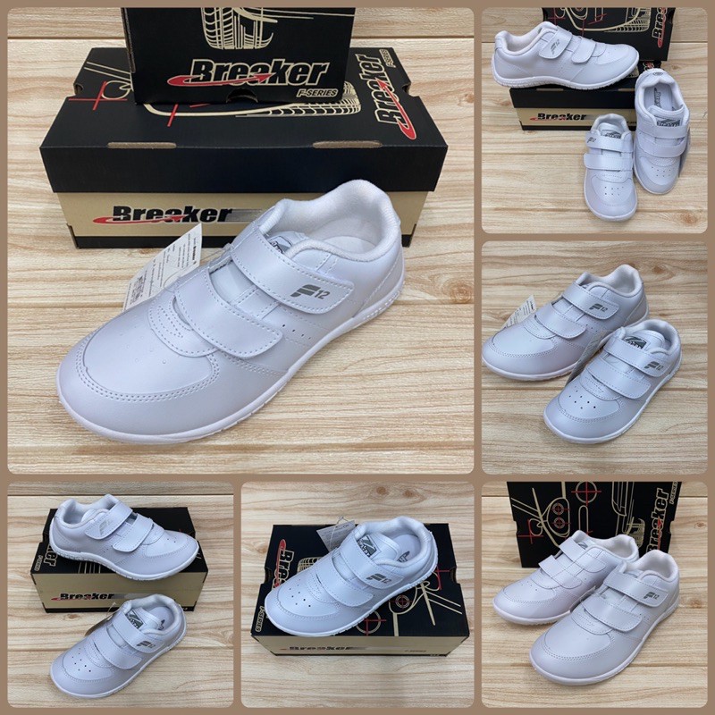 Breaker F12 / FN01  รองเท้าพละแบบหนัง สายติดเทป (31-41) สีขาว