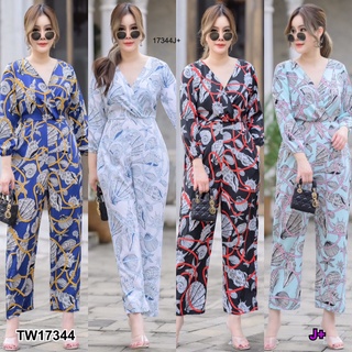 J17344 Jumpsuit #สาวอวบ จั๊มสูทขายาวพิมลาย #chubby girl, long-legged jumpsuit, printed pattern