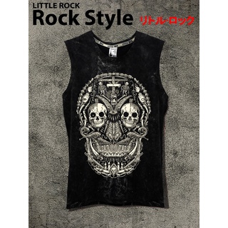 เสื้อยืดแขนกุด Little Rock Rock Style ลาย กะโหลก ความตาย ผ้าดำฟอก cotton 100%