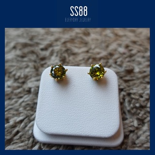 SS88Jewelry ต่างหูพลอย เพอริดอท ขนาด 7 มิล ตัวเรือนทองเหลือง ชุบทองแท้ ฝังมือทุกเม็ด รูปถ่ายจากสินค้าจริง