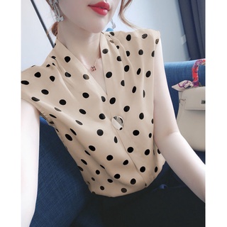 เสื้อเบลาส์แขนกุด ผ้าชีฟอง แบบบาง ทรงหลวม ลายจุด สไตล์ฝรั่งเศส สําหรับผู้หญิง