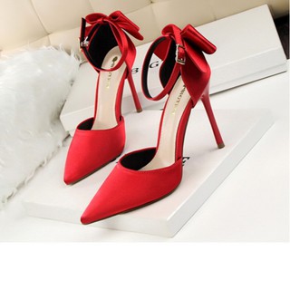 💕 💞 💓 💗 💖รองเท้าส้นสูงไซส์ใหญ่ ตกแต่งโบว์ single shoes female red girl high heels รหัสสินค้าS1172💕 💞 💓 💗 💖