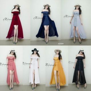 [4058] MaxiDress ปาดไหล่ต่อชีฟองผ่าหน้า