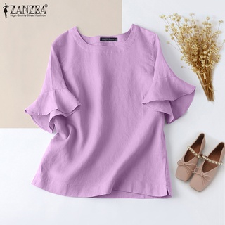 Zanzea เสื้อเบลาส์ลําลอง แขนห้าส่วน ทรงหลวม สีพื้น สําหรับผู้หญิง