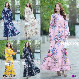 J14212 Maxi Dress เดรสยาว แขนยาว ลายดอกไม้