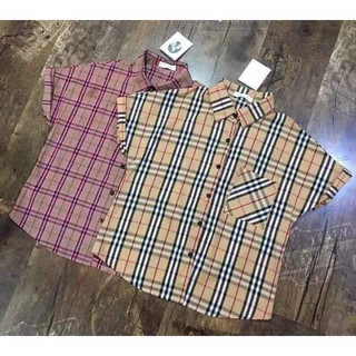 เสื้อเชิ้ตแขนสั้น​ ลายสก๊อตสีน้ำตาล งานป้าย​ Pina
