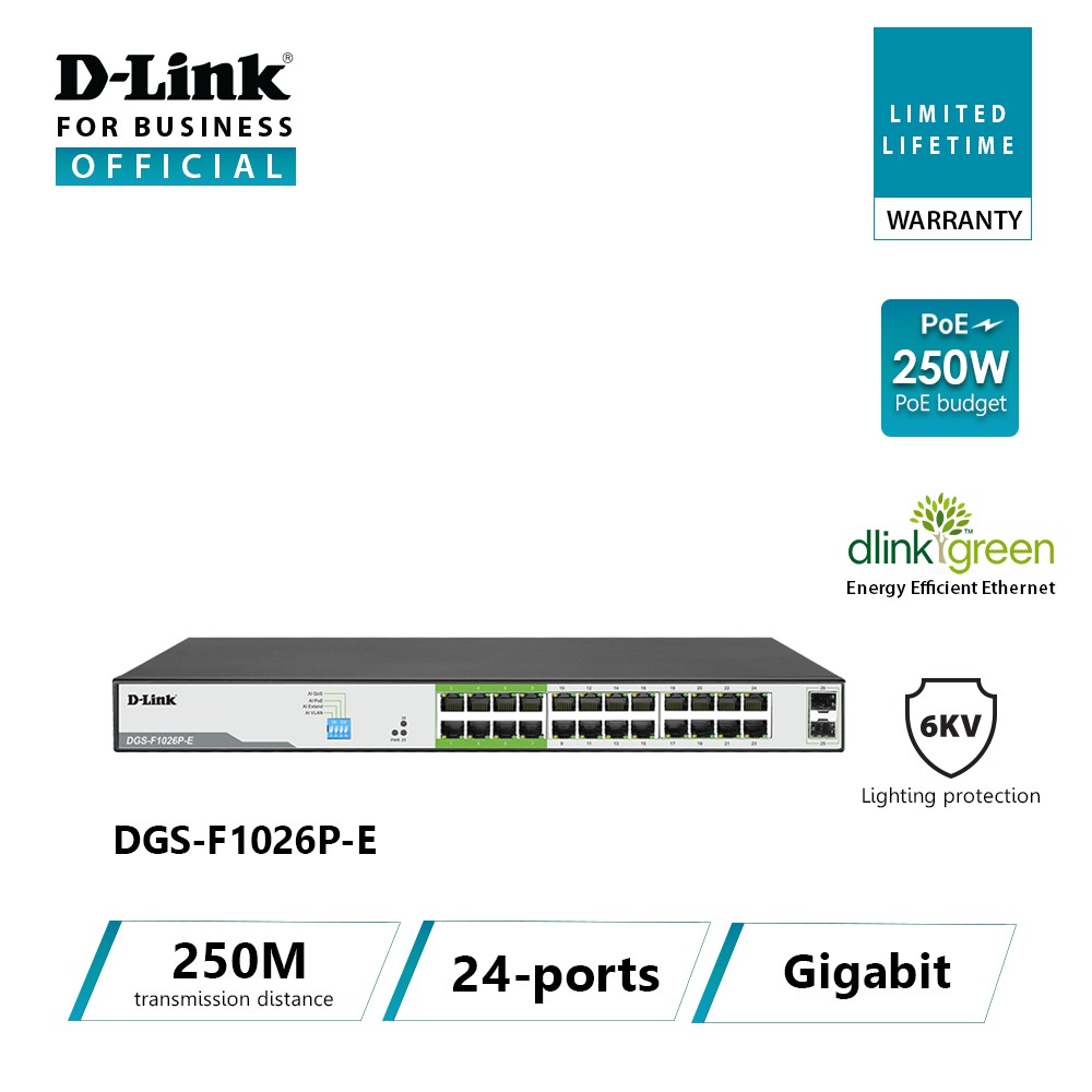 D-Link DGS-F1026P-E 250M 24-Port 1000Mbps PoE Switch with 2 SFP Ports