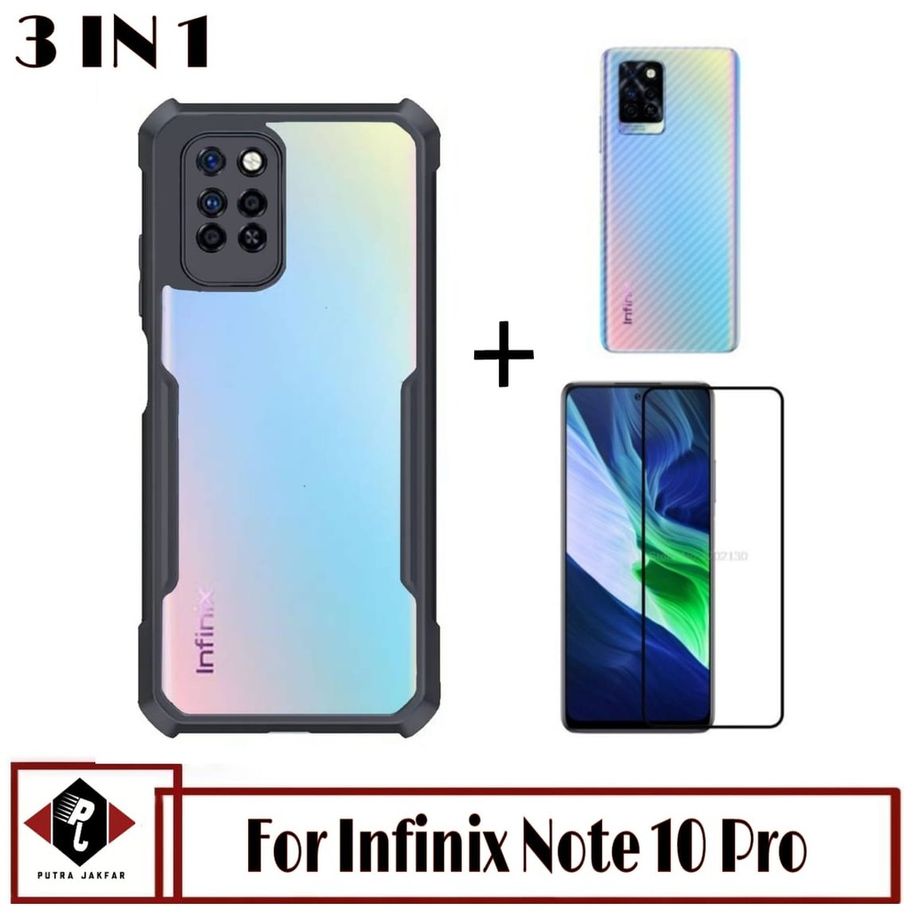 Package 3-IN1 Mobile Phone Case Infinix Note 10 Pro Transparent SoftCase bonus Scratch Resistant Glass And Skin Carbon