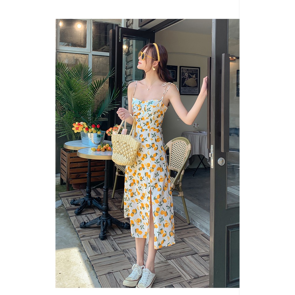 🍋 เดรสยาว เดรสสายเดี่ยว สไตล์เกาหลีผ่าหน้า ดรสสายเดี่ยวลายมะนาว - รูปที่ 5