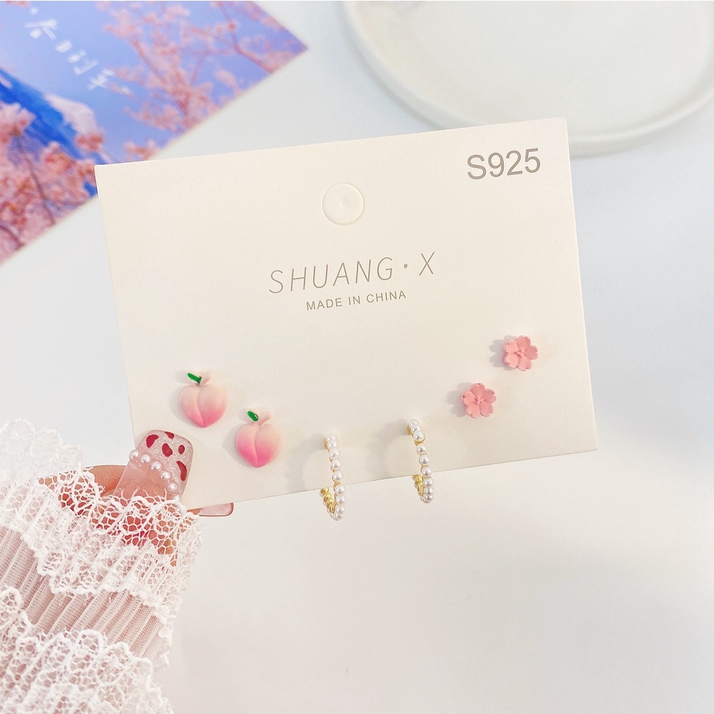 17 กม. หวาน สีชมพู ดอกไม้ พีช ต่างหู เซต ต่างหูมุก เรียบง่าย สําหรับผู้หญิง เครื่องประดับ อุปกรณ์