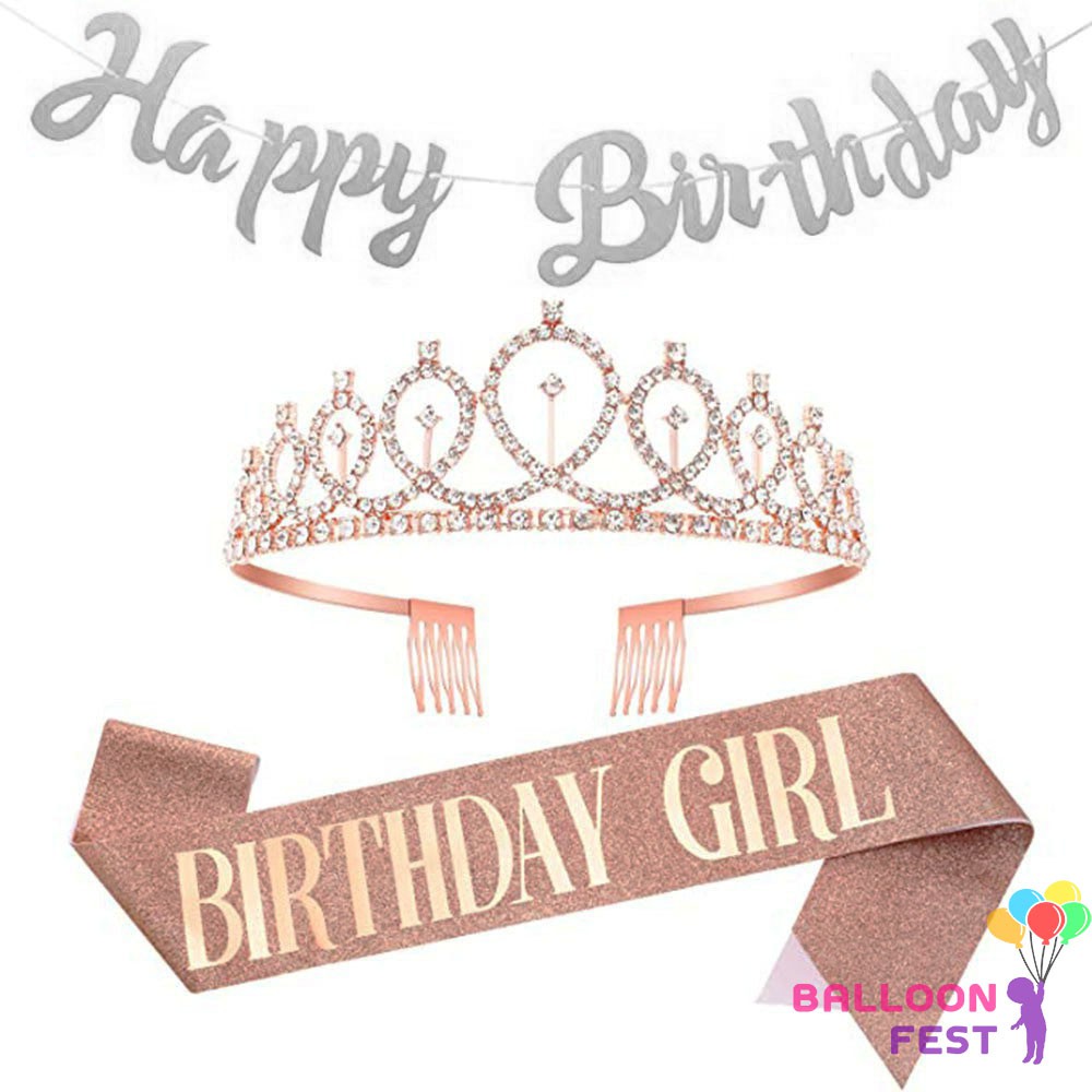,สายสะพาย ฺBIRTHDAY GIRL มงกุุฏ ป้าย Happy Birthday เซ็ท สายสะพาย สีโรสโกล์ด !!