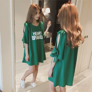 ¤☜♕เสื้อสตรีแขนสั้นเกาะอกเสื้อยืดนักเรียนทรงหลวมยาวปานกลาง