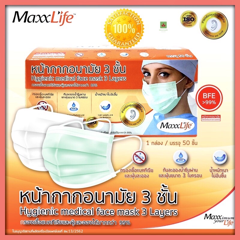 หน้ากากอนามัยทางการแพทย์ 3 ขั้น (เกรดใช้ในโรงพยาบาล) MaxxLife Premium Grade บรรจุ กล่อง 50 ชิ้น สีขาว และเขียว(1 กล่อง)