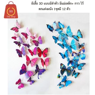 ผีเสื้อ 3D จำนวน 12 ชิ้น มีหลายสี มีแม่เหล็ก และกาว ไว้ตกแต่งผนัง
