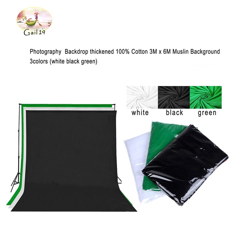 ฉากหลังการถ่ายภาพหนา 3 เมตร x 6 เมตรมัสลินผ้าฝ้าย 100% มี3สีให้เลือกได้ ( สีขาว สีดำ สีเขียวพื้นหลัง )