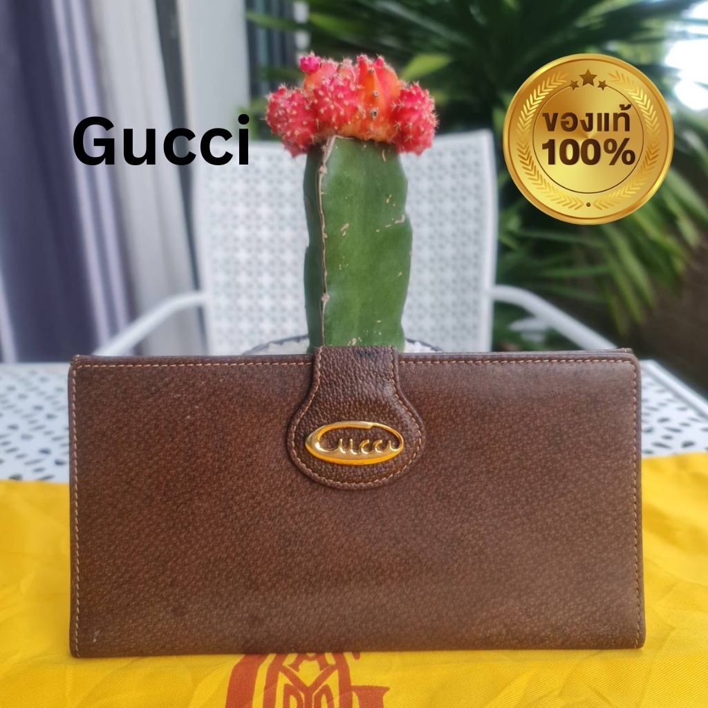 กระเป๋าสตางค์ Gucci กุชชี่วินเทจหนังสีน้ำตาลอะไหล่ทองสวยของแท้สภาพสวย