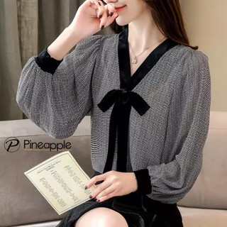 เสื้อแฟชั่นหญิงเสื้อเบลาส์โบว์หวานแขนพัฟเรียบง่ายน่ารัก Puff sleeve bow chiffon shirt 1158