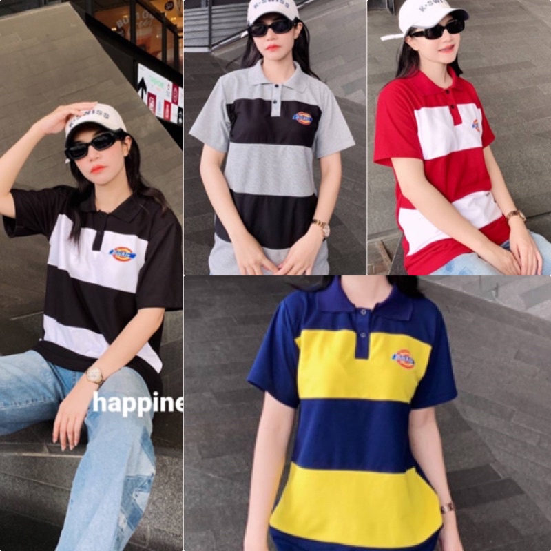 เสื้อคอปกแขนสั้นสไตล์วินเทจ ลายริ้วใหญ่ ตัด2โทนสี