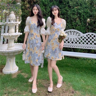 muza 💙ชุดเดรส 💙ดอกไม้สีเหลือง แขนพองแนวสาวเกาหลี เดรสกระโปรงสั้น-ยาว ผ้านิ่ม 46-47
