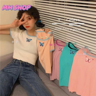 MM shop❤️#8246 เสื้อไหมพรมครอปคอกลม แขนสั้นลายผีเสื้อน่ารัก แต่งสีทูโทน พร้อมส่งจากไทย