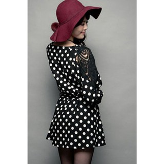 ชุดเดรสแขนกุด ลายจุด polka dot พร้อมริบิ้นผูกเอว สีดำขาว dress f10 ชุดแฟชั่นผู้หญิง