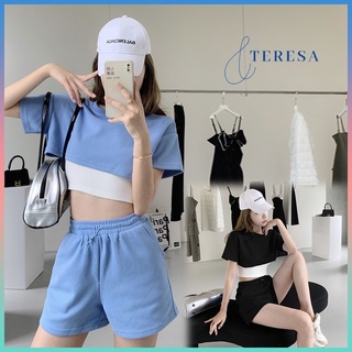 เสื้อครอปแขนสั้น+กางเกงจั๊มเอวทรงสวย ชุดเซ็ทผู้หญิง