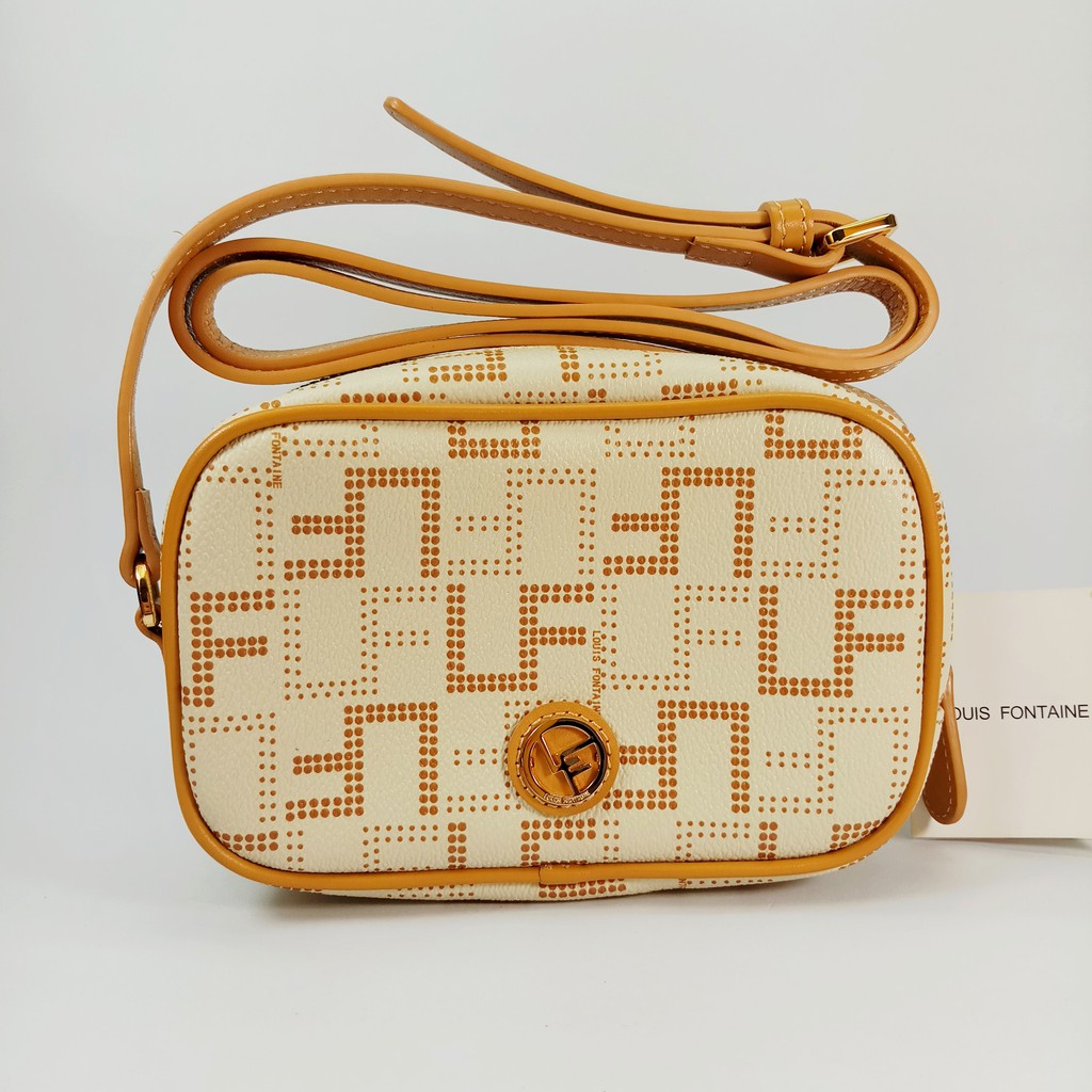 กระเป๋าสะพายผู้หญิง LOUIS FONTAINE ( LF089CB ) สีครีม ขอบน้ำตาล หนังลาย LF โลโก้ทอง ของแท้ ของใหม่ 1