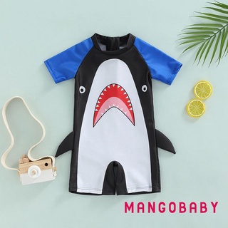 MG-Boys Cartoon Shark Swimwear, Blue Patchwork Short Sleeve One-piece Bathing Suit, 9 Months-4 Years