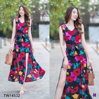 TW14532Jumpsuit จั๊มสูทสั้น คอวี แขนกุดผ่าหน้าลายมัดย้อม