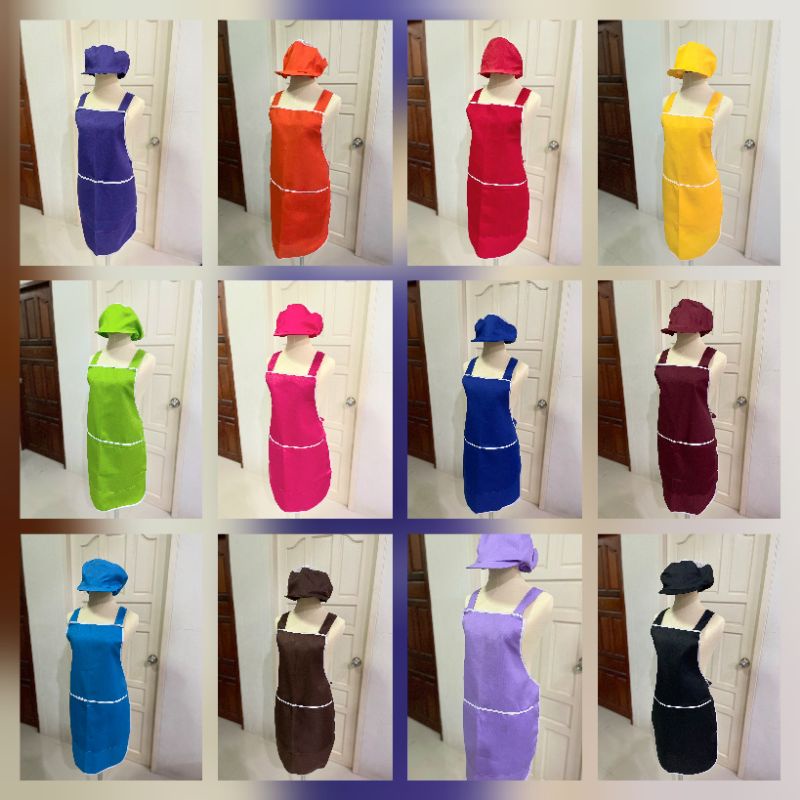 ชุดผ้ากันเปื้อนพร้อมหมวกกุ๊ก ชุดผ้ากันเปื้อนพร้อมหมวกแม่ครัว ชุดผ้ากันเปื้อนและหมวกตาข่าย