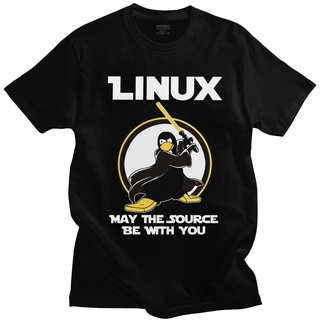 T-shirt  เสื้อยืด ผ้าฝ้าย พิมพ์ลาย Linux May The Source Be With You สําหรับผู้ชายS-5XL