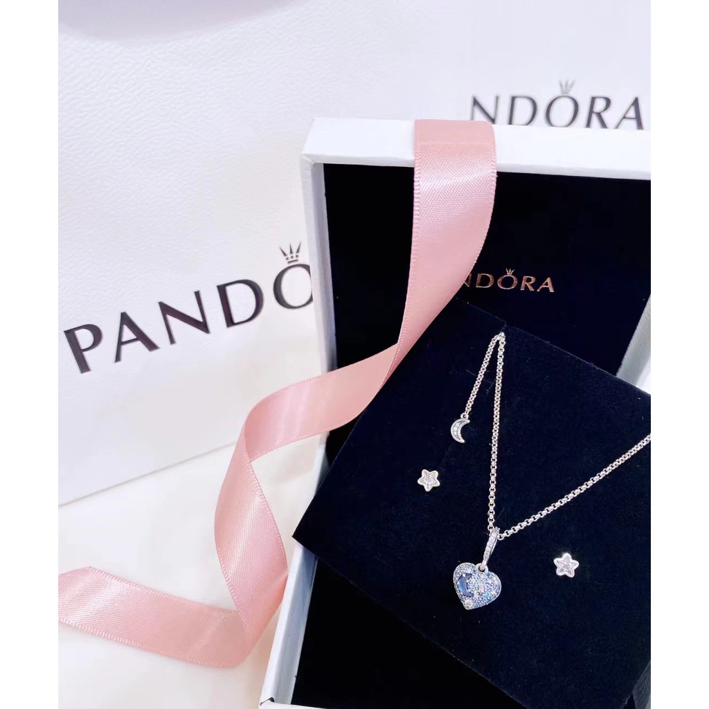 Pandora ชุดสร้อยคอ ต่างหู จี้รูปดวงจันทร์ และดาว สีฟ้า