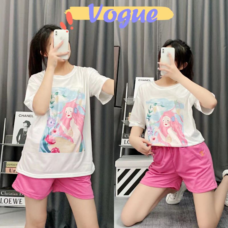 Vogue​🌟พร้อมส่ง🌟เสื้อยืดแขนสั้น+กางเกงขาสั้น สีชมพูติ้วๆลายนางเงือก (DX-Set-9369)-N 05