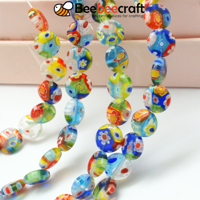 Millefiori ลูกปัดแก้ว ทรงกลม แบน ขนาด 10x3~4 มม. รูขนาด 1 มม. ประมาณ 36~38 ชิ้นต่อเส้น ยาว 14 นิ้ว 1 เส้น