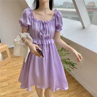 พร้อมส่ง เดรสสั้นสีม่วง แขนตุ๊กตาสม็อคเอว เดรสเกาหลี เดรสแขนตุ๊กตา