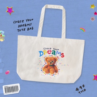 DADDY | Chase Your Dream Tote Bag กระเป๋าผ้าแคนวาส สีขาว ลายน้องหมี สุดน่ารัก