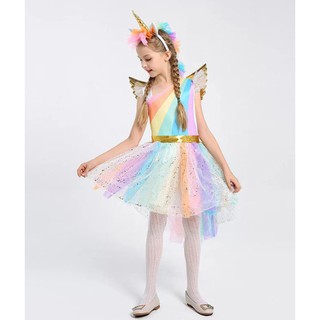 ชุด แฟนซี เดรส ยูนิคอร์น สีรุ้ง สำหรับเด็ก Rainbow Unicorn Fancy Party Costume Dress Set Headband Horn Wings