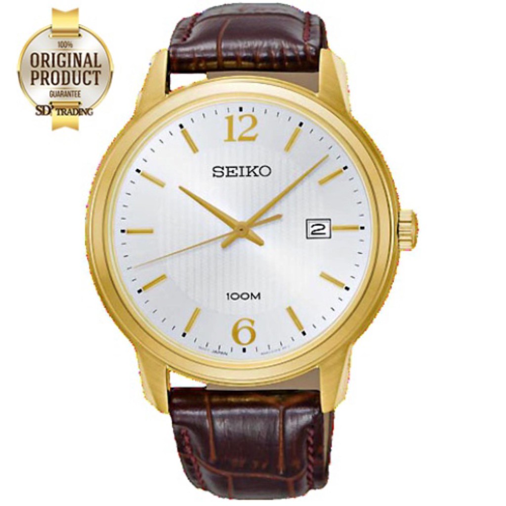 SEIKO Neo Classic นาฬิกาข้อมือผู้ชาย สายหนังสีน้ำตาล รุ่น SUR266P1 - สีทอง