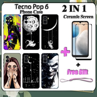 2 IN 1 Tecno Pop 6 เคสโทรศัพท์ พร้อมกระจกนิรภัย เซรามิค ป้องกันหน้าจอ โค้ง ฟิล์มนิรภัย ด้านนอก อวกาศ