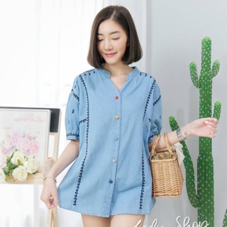 เสื้อญี่ปุ่นแท้นำเข้า ดีเทลเนื้อผ้ายีนส์ฟอกนิ่ม งานกระดุมผ้าอย่างดี ปักทั้งตัว เนื้อผ้านิ่มใส่สบายสไตล์ญี่ปุ่น