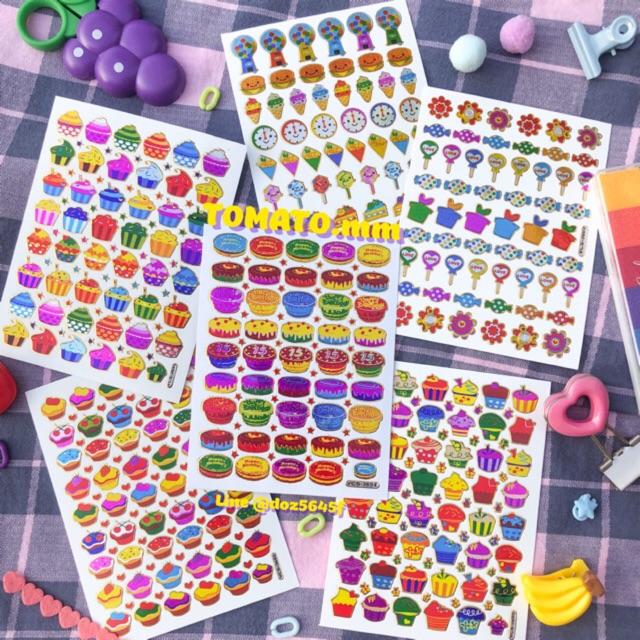 [ sticker ลายอาหาร ขนม เครื่องดื่ม ผัก ผลไม้ คัพเค้ก ] สติกเกอร์โฮโลแกรม 90's 80's แผ่นละ10บาท ขอบทอง ม็อบแม๊บ